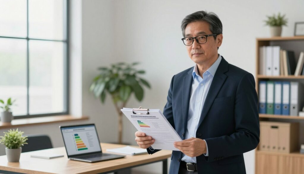 A professional auditor examining an energy performance certificate in a modern office setting. In the foreground, the auditor, a middle-aged man with glasses, dressed in smart business attire, holds a clipboard with documents. In the middle ground, a large window allows natural light to illuminate the room, highlighting a contemporary desk with a laptop and energy efficiency charts. In the background, bookshelves filled with binders and a plant add a touch of warmth to the environment. The mood is focused and authoritative, conveying the importance of the auditor's role in the certification process. The lighting is bright yet soft, creating a sense of professionalism and clarity, with a shallow depth of field that blurs the background slightly.