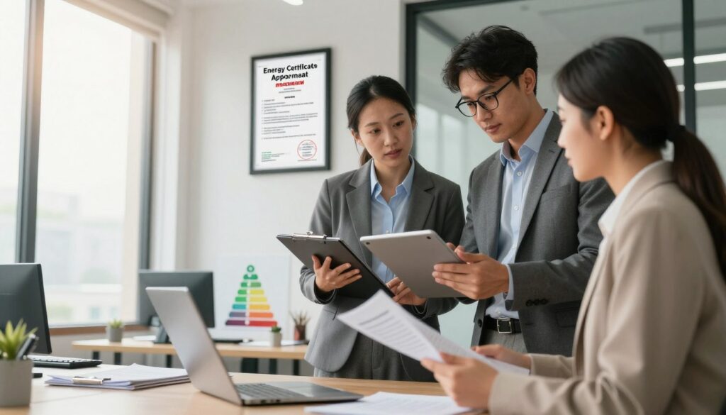 A professional business setting showcasing the energy certificate approval process. In the foreground, a diverse group of three individuals in professional attire—two consultants, one man with glasses holding a clipboard and a woman analyzing a digital tablet, and a client looking engaged, holding a folder with documents. In the middle, a modern office environment featuring a large desk, energy efficiency diagrams, and a wall-mounted energy certificate framed in the background. Soft, natural light coming from large windows casts a warm glow over the scene, emphasizing a collaborative atmosphere. Use a slightly tilted angle to create dynamic composition, evoking a sense of active discussion and professionalism. The overall mood is focused and informative, highlighting the importance of energy certificates. A professional business setting showcasing the energy certificate approval process. In the foreground, a diverse group of three individuals in professional attire—two consultants, one man with glasses holding a clipboard and a woman analyzing a digital tablet, and a client looking engaged, holding a folder with documents. In the middle, a modern office environment featuring a large desk, energy efficiency diagrams, and a wall-mounted energy certificate framed in the background. Soft, natural light coming from large windows casts a warm glow over the scene, emphasizing a collaborative atmosphere. Use a slightly tilted angle to create dynamic composition, evoking a sense of active discussion and professionalism. The overall mood is focused and informative, highlighting the importance of energy certificates.