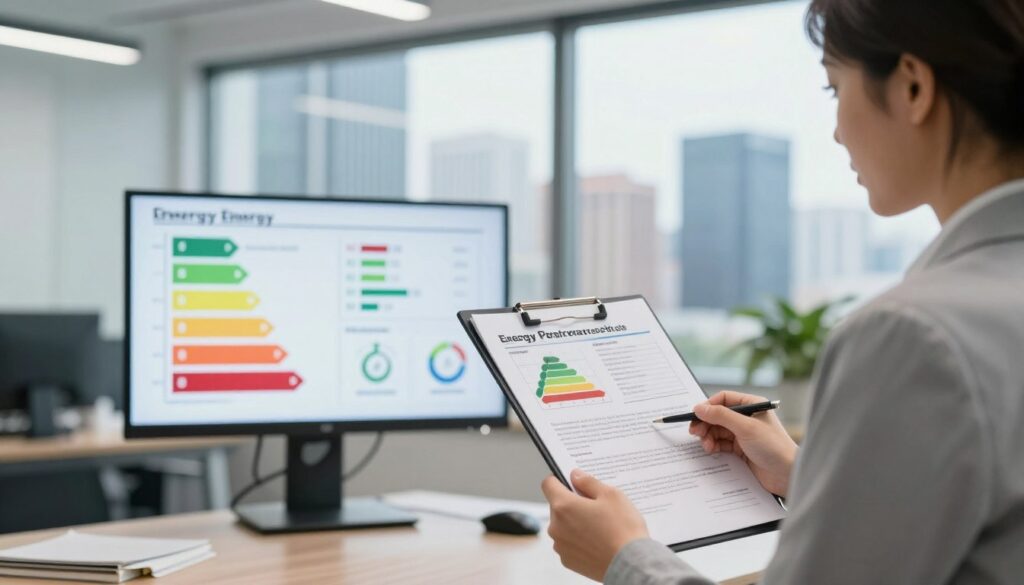 A professional consultant examining an energy performance certificate in a modern office environment. Foreground: a focused individual in business attire, holding a clipboard and observing graphs depicting building energy efficiency. Middle ground: a digital display showcasing colorful charts and icons representing energy ratings and sustainability metrics. Background: large windows revealing a skyline with various architectural designs, suggesting urban development. The scene is well-lit with natural light, creating a bright and optimistic atmosphere. Use a slightly angled perspective to capture depth. The overall mood emphasizes professionalism and the importance of energy efficiency in buildings, inviting viewers to consider the qualifications necessary for energy certification specialists.