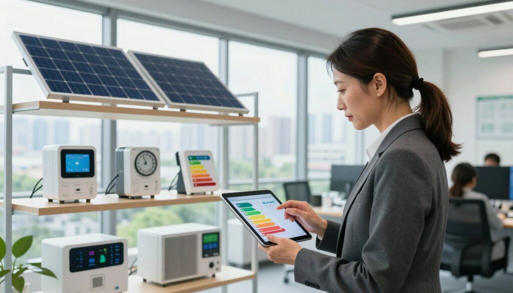 A professional energy auditor examines a modern building's energy systems in an engaging office environment. In the foreground, a middle-aged woman in professional business attire meticulously inspects energy efficiency graphs on a tablet. The middle layer showcases an array of energy-saving equipment and advanced technology, such as solar panels and smart meters, displayed on sleek shelves. The background features large windows allowing natural light to flood the room, highlighting a city skyline with green spaces symbolizing clean air and sustainability. The atmosphere is bright yet serious, conveying the importance of energy audits within the "Clean Air Program". Use soft, diffused lighting to create an inviting yet professional ambiance, emphasizing the auditor's focus and dedication to energy efficiency.