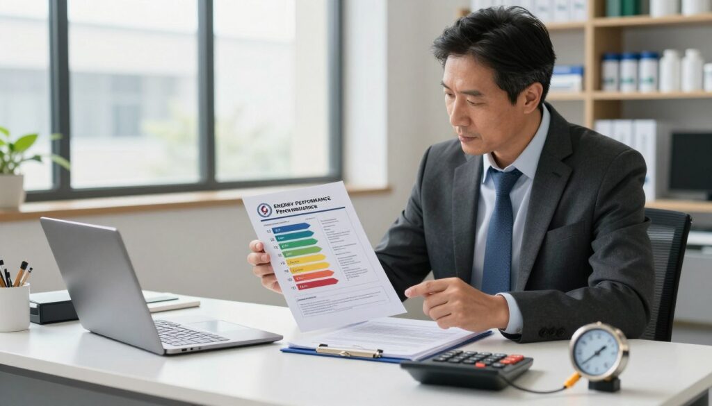 A professional energy auditor examining an energy performance certificate at a modern office desk filled with documents and energy measurement tools. The foreground features the auditor, a middle-aged individual dressed in smart business attire, intently analyzing the certificate with a calculator and laptop nearby. In the middle, an open folder displaying graphs and charts showcasing energy efficiency metrics. The background showcases a large window with natural light pouring in, providing a bright and airy atmosphere, while shelves filled with energy-saving materials add depth. The image should convey a sense of professionalism and attention to detail, reflecting the importance of energy auditing in certification processes. A professional energy auditor examining an energy performance certificate at a modern office desk filled with documents and energy measurement tools. The foreground features the auditor, a middle-aged individual dressed in smart business attire, intently analyzing the certificate with a calculator and laptop nearby. In the middle, an open folder displaying graphs and charts showcasing energy efficiency metrics. The background showcases a large window with natural light pouring in, providing a bright and airy atmosphere, while shelves filled with energy-saving materials add depth. The image should convey a sense of professionalism and attention to detail, reflecting the importance of energy auditing in certification processes.