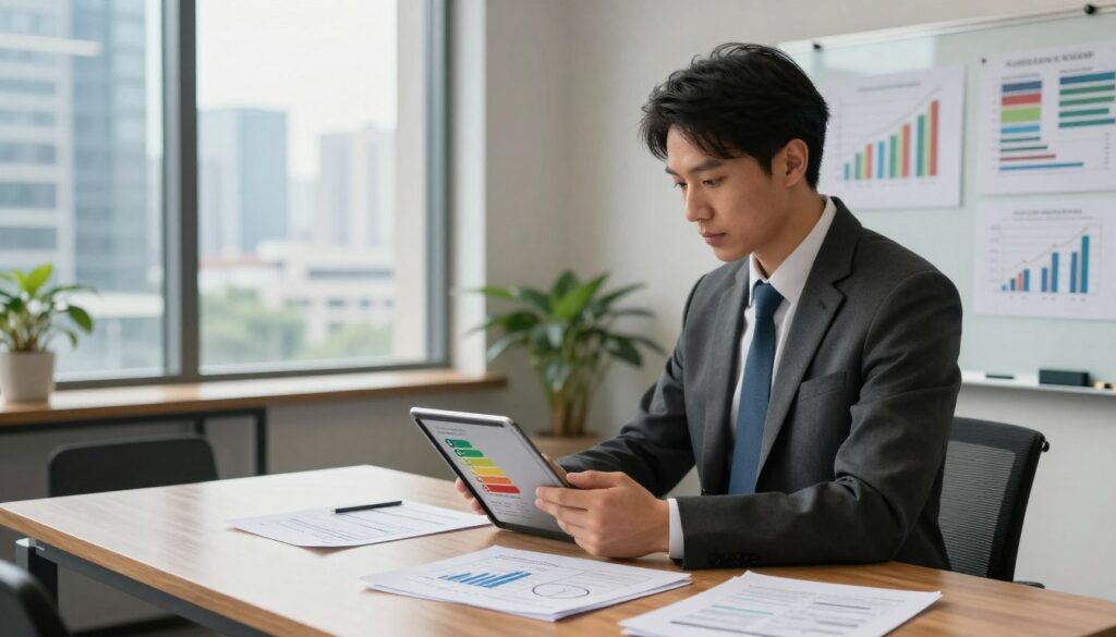 A professional energy auditor in a contemporary office environment, dressed in formal business attire, is examining energy efficiency reports on a sleek tablet. In the foreground, the auditor stands at an elegant wooden desk, surrounded by papers and technical diagrams related to energy audits. The mid-ground features a large window with natural light streaming in, showcasing a modern cityscape that symbolizes progress and sustainability. In the background, charts and graphs displaying energy consumption are pinned on a whiteboard, highlighting analytical work. The atmosphere is one of focus and professionalism, with warm, ambient lighting creating an inviting yet serious mood. The angle is slightly elevated, capturing both the auditor and the setting effectively.