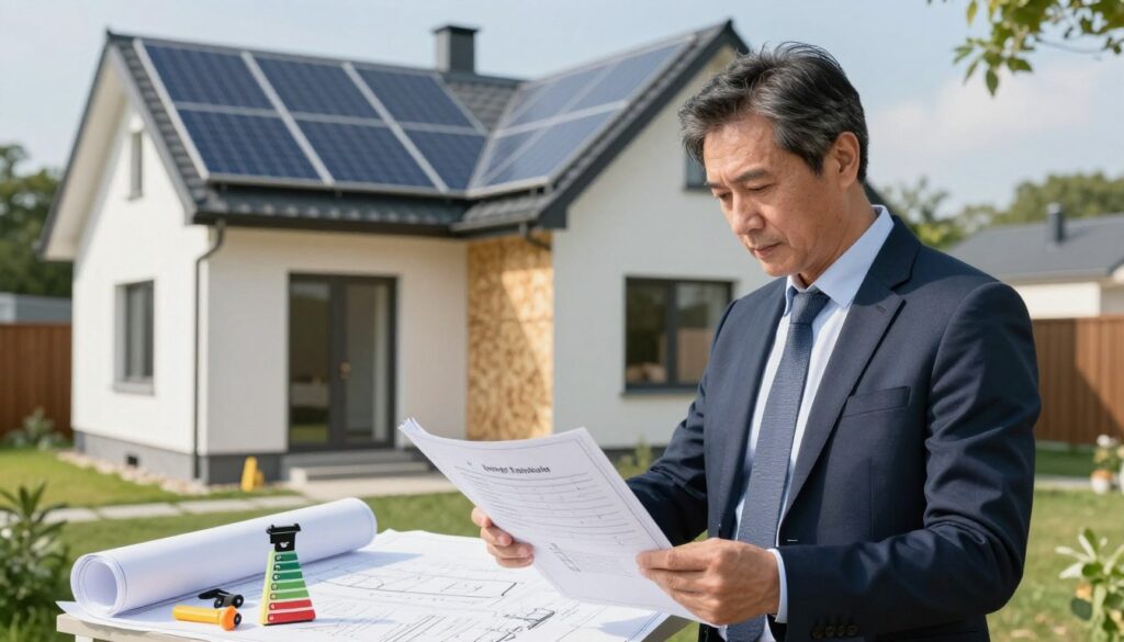 A professional energy auditor inspecting a residential building, surrounded by blueprints and energy efficiency tools. In the foreground, a middle-aged man in a business suit is examining a document with a focused expression. In the middle ground, a modern home with solar panels and well-insulated walls is showcased, while an energy efficiency report lays open beside him. The background features a sunny day, highlighting the building’s exterior and surrounding greenery. Soft, natural lighting illuminates the scene, creating a sense of productivity and seriousness. The atmosphere conveys professionalism and competence, highlighting the essential role of the auditor in planning thermal modernization.