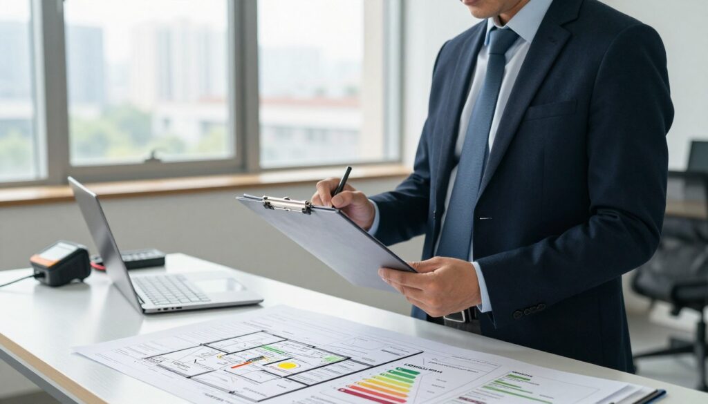 A professional energy auditor stands confidently in a modern office, wearing smart business attire, examining a clipboard filled with energy efficiency data. In the foreground, detailed architectural plans and energy efficiency charts are visible, highlighting the auditor’s focus. The middle ground features a sleek desk with a laptop and an energy meter, emphasizing the auditing tools of the trade. The background shows large windows with natural light flooding the room, against a cityscape. The overall atmosphere is one of professionalism and diligence, with soft, natural lighting casting subtle shadows, creating an inspiring and motivational environment for the profession. The camera angle is slightly elevated, offering a clear view of the auditor's engagement with their work, showcasing both responsibility and expertise.