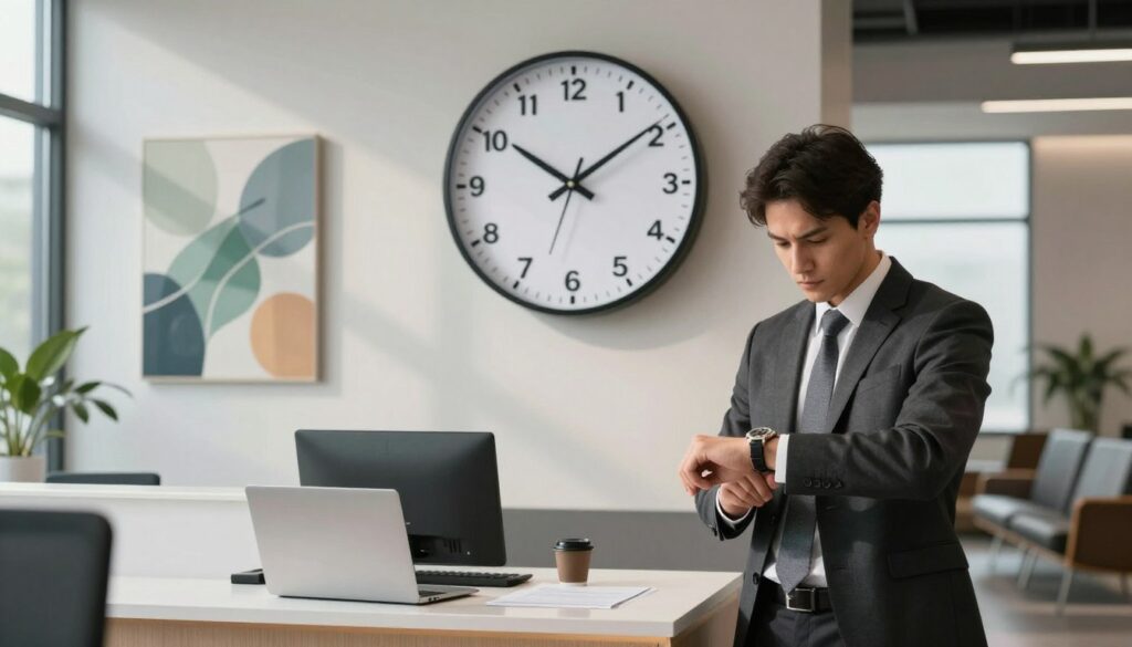 A professional office environment depicting a waiting area with a sleek, modern design. In the foreground, a businessperson in a tailored suit sits at a stylish reception desk, checking the time on a wristwatch, reflecting anticipation. In the middle ground, a large wall clock prominently displays the passing time, symbolizing the waiting period for an energy performance certificate. The background features abstract artwork related to sustainability and energy efficiency, creating a calm atmosphere. Soft, natural lighting floods the space through large windows, casting gentle shadows. The mood is one of professionalism and patience, emphasizing the importance of timely documentation.