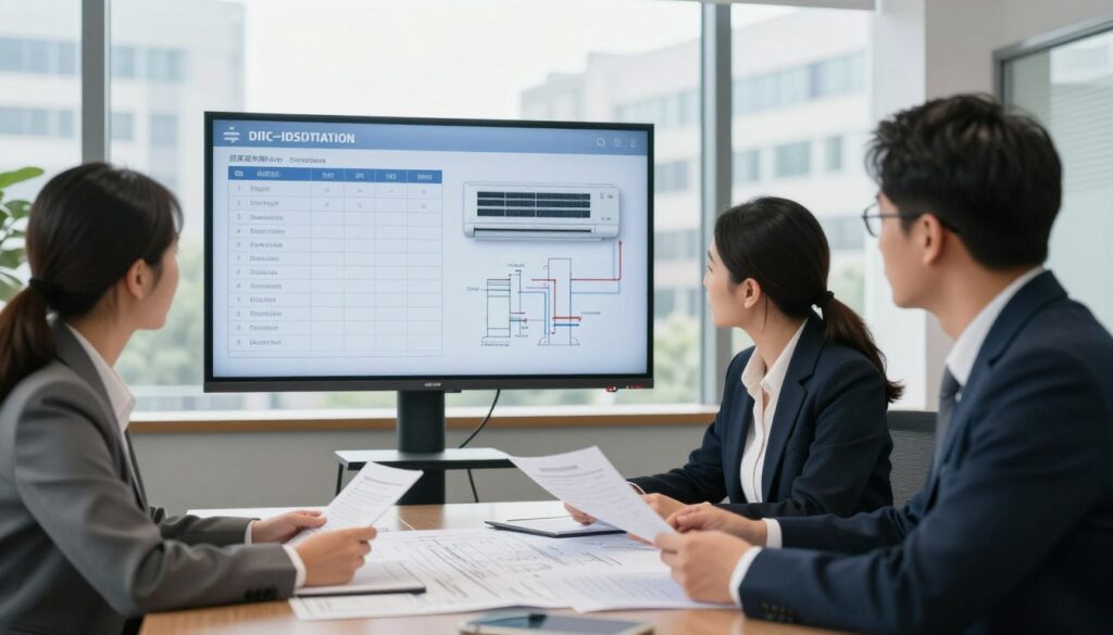 A professional office environment showcasing a formal meeting about air conditioning installation procedures. In the foreground, a group of three professionals clad in business attire discuss important documents and blueprints on a conference table. The middle ground features a large display screen showing an installation checklist and a detailed schematic of an air conditioning system. The background includes a large window revealing an urban setting with buildings, while natural light filters into the room, creating a bright and focused atmosphere. The overall mood conveys seriousness and professionalism, highlighting the importance of necessary formalities and approvals before commencing installation work. Soft shadows and dynamic angles add depth and clarity to the scene.