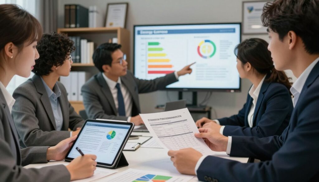 A professional office scene depicting a group of diverse individuals in business attire engaging in a discussion around a table filled with documents and charts related to energy performance certificates. In the foreground, a focused woman is examining a detailed energy audit report with a digital tablet, while in the middle, a man points to specific figures on a presentation screen showing energy efficiency data. The background includes bookshelves filled with reference materials and framed certifications. Soft, ambient lighting enhances a collaborative atmosphere, with a slight depth of field effect that keeps the focus on the individuals and documents. The overall mood is serious yet optimistic, conveying professionalism and teamwork in a sustainable energy context.