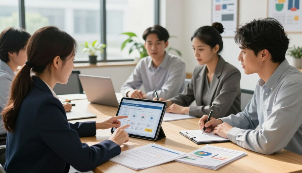 A professional office setting featuring a diverse group of people engaged in discussion and collaboration. In the foreground, a well-dressed woman is pointing at a digital tablet displaying a simplified chart of the energy bonus application process, while a man beside her takes notes. The middle ground reveals a modern conference table with documents and a laptop open, showcasing financial forms and informational brochures. In the background, large windows allow natural light to flood the space, casting soft shadows and creating a productive atmosphere. The room is decorated with potted plants and motivational artwork, enhancing the mood of teamwork and support. The focus is on professionalism and clarity, emphasizing the steps to apply for financial assistance.
