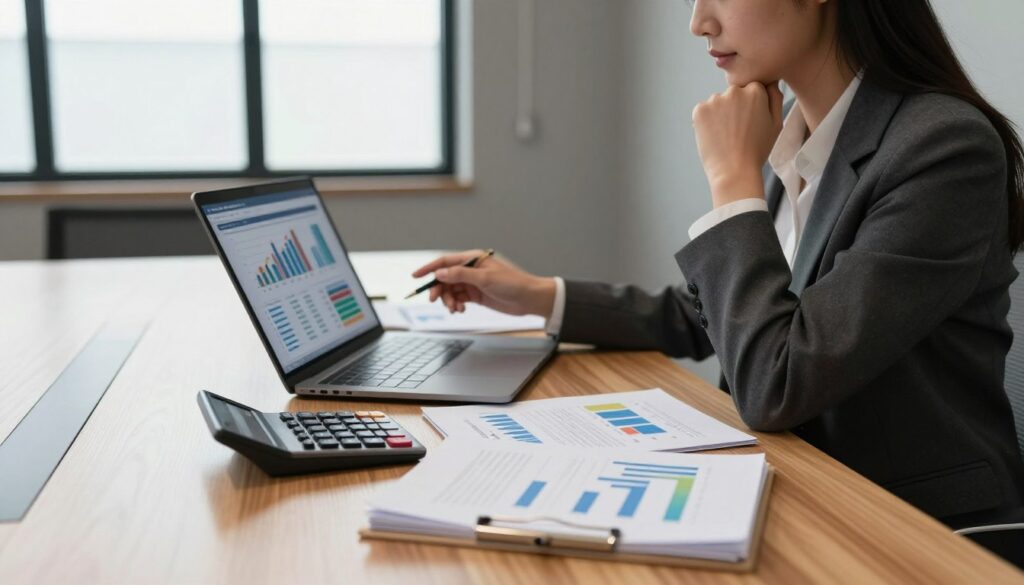 A professional office setting with a sleek wooden desk in the foreground, featuring a calculator, a stack of documents, and a laptop displaying graphs related to energy certificate valuations. In the middle ground, a thoughtful businesswoman in professional attire analyzes data on the laptop, surrounded by notes and charts depicting various factors affecting energy certificate pricing, such as location, property size, and energy efficiency ratings. The background is a softly lit conference room with a large window, through which soft natural light enters, creating a warm and focused atmosphere. The scene conveys a sense of professionalism and seriousness, emphasizing the analytical nature of the valuation process.