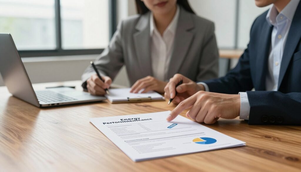 A professional scene depicting the concept of an "energy performance certificate" as it relates to real estate transactions. In the foreground, a neatly designed energy performance certificate is placed on a polished wooden table, showcasing clear, organized data and graphical elements. In the middle ground, two business professionals are engaged in discussion, one pointing at the certificate while the other takes notes, both dressed in professional business attire. In the background, a modern office environment with large windows allowing natural light to flood the room, casting soft shadows. The mood is collaborative and informative, emphasizing the importance of this document in sales and rentals. The lighting is bright and inviting, enhancing the focus on the certificate.
