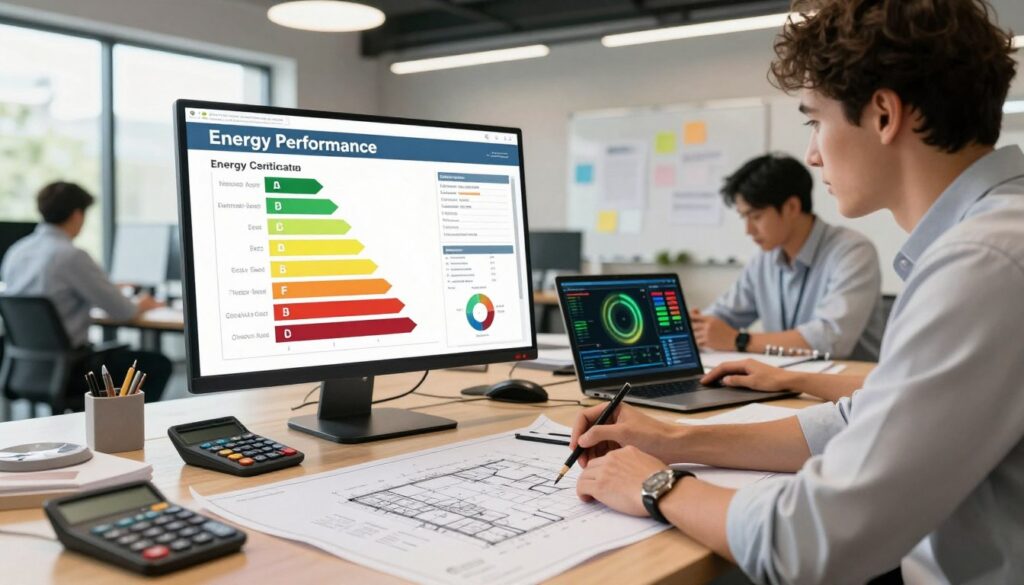 A professional setting where a team of architects and energy efficiency experts is engaged in the process of creating an energy performance certificate for a building. In the foreground, a focused architect sketches out plans on a large blueprint, while another expert analyzes data on a laptop. The middle ground shows a large detailed infographic illustrating energy efficiency metrics, surrounded by tools like calculators and energy modeling software. The background includes a modern office with ambient lighting, a whiteboard filled with notes, and sunlight streaming through large windows, creating a vibrant atmosphere. The image conveys collaboration and professionalism, aiming to highlight the systematic approach to preparing the energy certificate document. A professional setting where a team of architects and energy efficiency experts is engaged in the process of creating an energy performance certificate for a building. In the foreground, a focused architect sketches out plans on a large blueprint, while another expert analyzes data on a laptop. The middle ground shows a large detailed infographic illustrating energy efficiency metrics, surrounded by tools like calculators and energy modeling software. The background includes a modern office with ambient lighting, a whiteboard filled with notes, and sunlight streaming through large windows, creating a vibrant atmosphere. The image conveys collaboration and professionalism, aiming to highlight the systematic approach to preparing the energy certificate document.