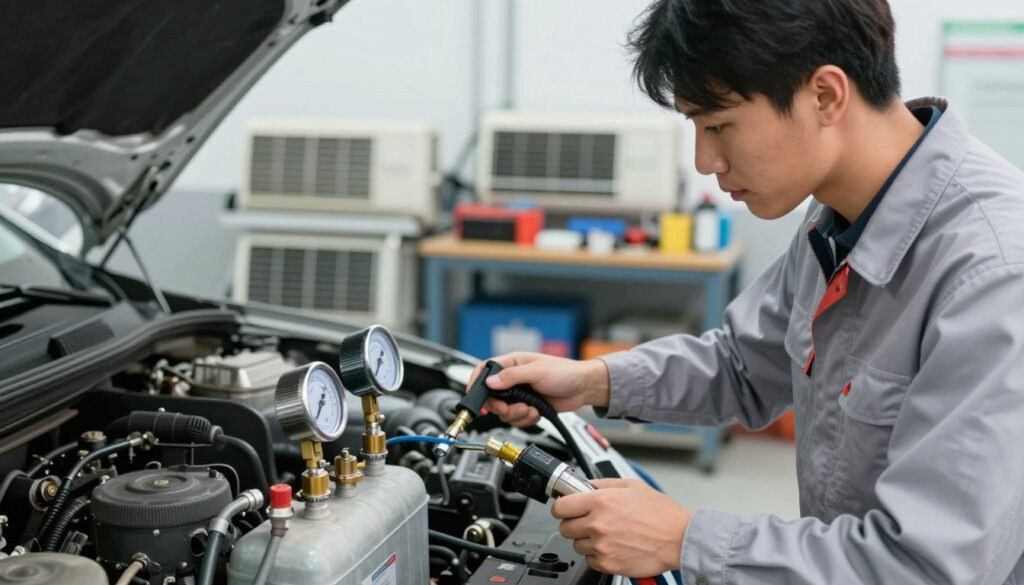 A professional technician, dressed in a clean uniform, expertly fills a car's air conditioning system with refrigerant using specialized equipment. The foreground emphasizes the technician's focused expression and meticulous hand movements as he operates the gauges and hoses. In the middle ground, a well-organized workshop filled with tools and air conditioning components showcases a sense of professionalism and expertise. In the background, soft, diffused lighting enhances the clean and efficient atmosphere of the workspace, suggesting a commitment to maintaining optimal performance. The scene conveys a mood of reliability and attention to detail, highlighting the importance of professional servicing for air conditioning systems. A professional technician, dressed in a clean uniform, expertly fills a car's air conditioning system with refrigerant using specialized equipment. The foreground emphasizes the technician's focused expression and meticulous hand movements as he operates the gauges and hoses. In the middle ground, a well-organized workshop filled with tools and air conditioning components showcases a sense of professionalism and expertise. In the background, soft, diffused lighting enhances the clean and efficient atmosphere of the workspace, suggesting a commitment to maintaining optimal performance. The scene conveys a mood of reliability and attention to detail, highlighting the importance of professional servicing for air conditioning systems.