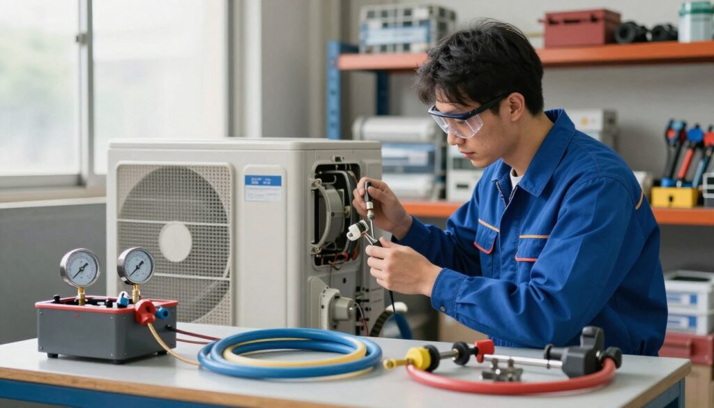 A professional technician in a clean, well-lit garage, wearing a blue uniform and safety goggles, carefully inspects an air conditioning unit. In the foreground, tools and equipment like a refrigerant gauge and hoses are neatly arranged on a workbench. The middle ground features the technician engrossed in the maintenance process, with an air conditioning system partially disassembled and components visible. The background reveals shelves stocked with additional tools and spare parts, creating an organized yet busy environment. Soft, natural lighting filters in from a window, highlighting the technician’s concentration and the intricate details of the AC system. The atmosphere conveys a sense of professionalism, attention to detail, and the importance of regular maintenance for air conditioning units.