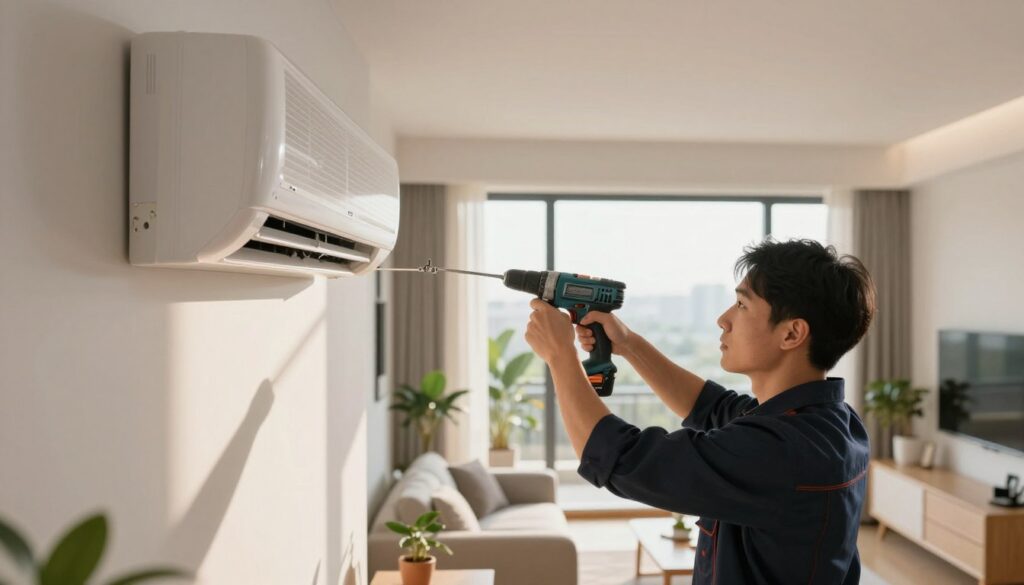 A professional technician in a modern apartment is meticulously installing an air conditioning unit on a sleek wall. In the foreground, the technician, dressed in smart casual attire, is using a power drill to secure brackets. The middle ground features an open window with sunlight streaming in, illuminating the room filled with contemporary furniture and greenery. In the background, a stylish living space is visible, with a cozy sofa and a minimalist design. Soft shadows from the sunlight create a warm, inviting atmosphere. Focus on capturing the essence of home comfort amidst the technical challenge of air conditioner installation. Use natural lighting to enhance the clarity and detail of the installation process, emphasizing precision and care.