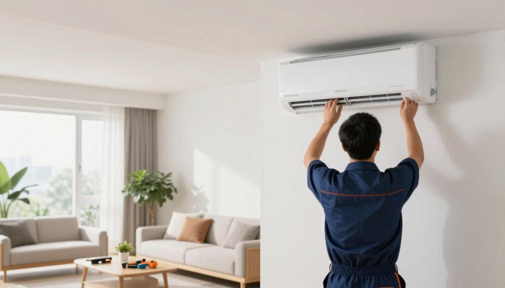 A professional technician installing a ductless air conditioning system in a modern, well-lit living room. In the foreground, focus on a technician dressed in a neat uniform, carefully mounting the indoor unit on a clean, white wall. In the middle, a stylish, minimalist living space with contemporary furniture and houseplants that create a welcoming atmosphere. Show tools neatly arranged on a nearby table, highlighting the professionalism of the installation process. In the background, large windows allow natural light to flood in, adding warmth to the scene. The overall mood is clean and efficient, emphasizing the importance of proper installation and maintenance of climate control systems without any text or distractions. Ensure the lighting is bright yet soft to create an inviting ambiance.