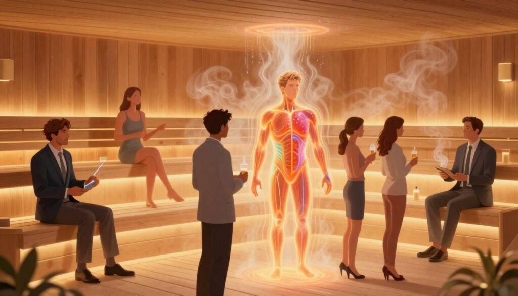 A scientific illustration showcasing the mechanism of high temperature's effect on the human body. In the foreground, depict a diverse group of people dressed in professional business attire, engaging in various activities such as exercising and socializing in a sauna environment. In the middle ground, visualize heat waves and steam creating a warm atmosphere, illustrating the thermal effects on human physiology, like increased heart rate and sweat production. The background should feature a stylized sauna with wooden panels and soft, warm lighting, emphasizing a relaxing yet energetic mood. Utilize a slight upward angle to capture the interplay of light and shadow, enhancing the visual dynamics while maintaining a professional tone.