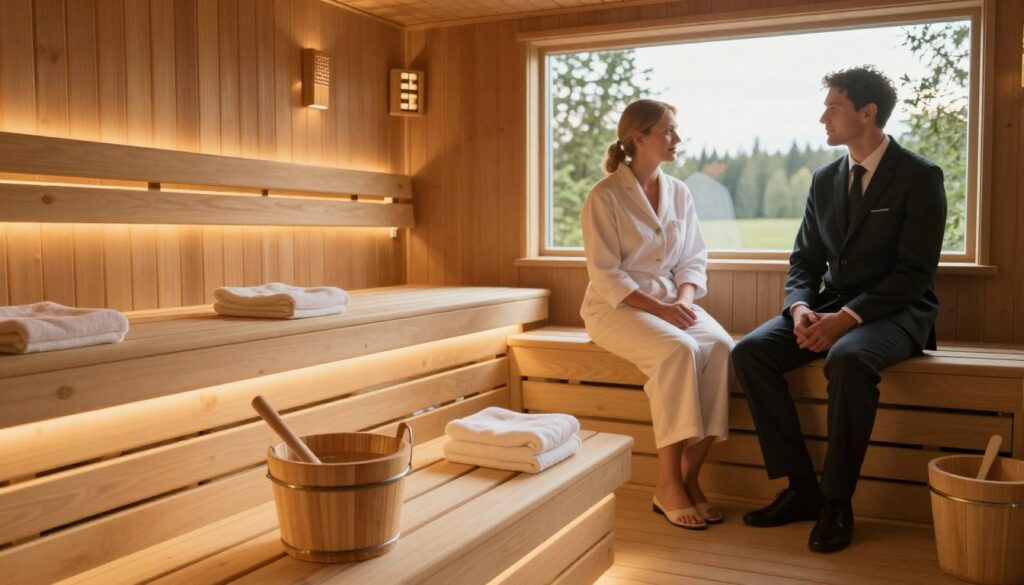 A serene Finnish sauna interior, showcasing essential hygiene practices for sauna users. In the foreground, a neatly arranged area with benches made from warm, polished wood, complemented by soft, fluffy towels and a wooden bucket with ladle filled with water. The middle layer features a pleasant, glowing ambiance created by soft, warm lighting illuminating the sauna's wooden walls. In the background, a window reveals a natural landscape, blending green flora with gentle sunlight streaming in. Include two individuals dressed in modest, professional attire, engaging in a conversation while maintaining a respectful distance, embodying a sense of tranquility and etiquette in the sauna. The atmosphere should feel inviting, peaceful, and educational.