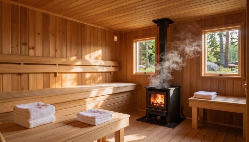 A serene Finnish sauna setting, showcasing a traditional wooden sauna cabin with a golden-brown hue, nestled in a tranquil forest. In the foreground, a pair of comfortable wooden benches elegantly crafted, adorned with fluffy towels. The middle ground features a steaming hot stove, with gentle wisps of steam rising, illuminating the warm interior. Sunlight filters through small windows, casting soft, inviting shadows across the wooden walls. The background reveals a peaceful nature scene with green trees and distant rocks, encapsulating the essence of relaxation. The mood is calm and inviting, ideal for a wellness experience. Use a soft, warm lighting effect to enhance the coziness and tranquility of the sauna atmosphere.