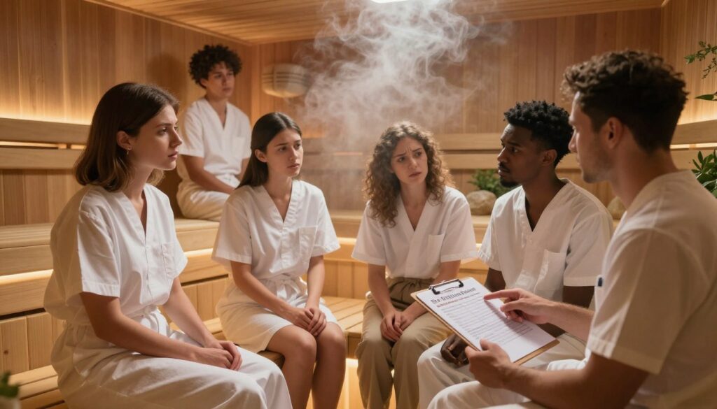 A serene and educational scene in a sauna setting, with a soft, warm glow illuminating wooden benches and the walls adorned with natural wood textures. In the foreground, a diverse group of individuals dressed in modest, professional attire are engaged in a discussion about sauna use and health precautions. They display expressions of concern and interest, pointing towards a visible list of health contraindications on a clipboard. The middle ground features steam gently rising, suggesting a traditional sauna atmosphere. The background captures a calming view of natural elements such as plants or rocks, enhancing the tranquility. The overall mood is informative yet peaceful, with soft lighting to create a welcoming ambiance.