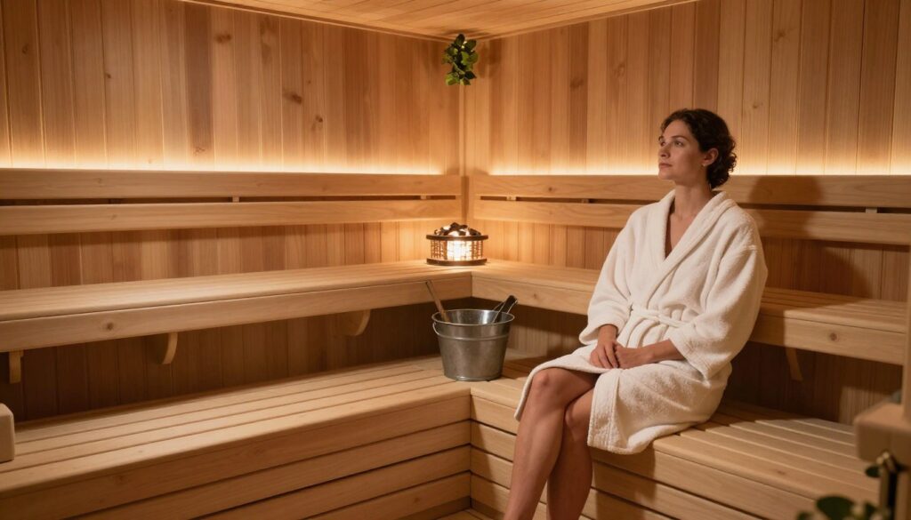 A serene and inviting sauna interior, showcasing a traditional wooden sauna with bench seating and soft, ambient lighting. In the foreground, a person dressed in modest casual attire, such as a lightweight robe or towel, sits relaxed on the bench, demonstrating safe sauna practices. The middle section features a sauna heater with glowing stones, creating a warm atmosphere, and a bucket of water with a ladle nearby. In the background, the walls are adorned with natural wood paneling and subtle greenery, enhancing the calming environment. The lighting should be warm and soft, casting gentle shadows that emphasize the relaxing and hygienic nature of the sauna experience. The overall mood is tranquil and welcoming, perfectly illustrating the safe and hygienic use of a sauna.