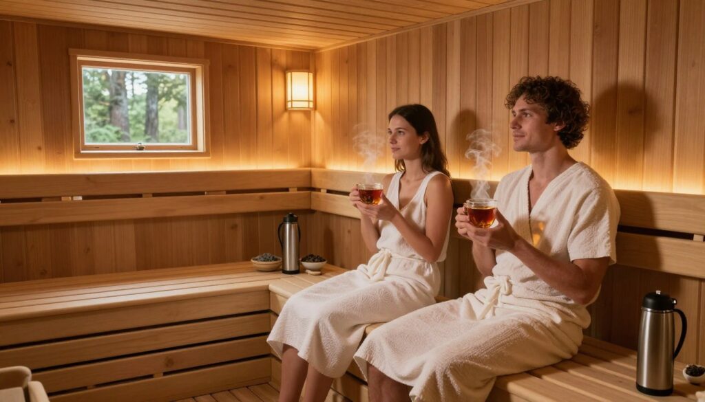 A serene and inviting sauna scene illustrating common myths about sauna use. In the foreground, a cozy, wooden sauna interior with warm lighting emanating from the light fixtures, casting a soft glow. Two figures, a man and a woman, respectfully dressed in modest, casual clothing, relax inside, each holding a steaming cup of herbal tea. The middle ground features essential sauna accessories, such as wooden benches, sauna stones, and a thermos for water, all arranged neatly. The background shows a small window with a glimpse of a peaceful forest, creating a tranquil atmosphere. The overall mood conveys relaxation and wellness, with a focus on debunking myths through a calm, inviting environment. The perspective is slightly angled to highlight both the figures and the sauna's welcoming details.