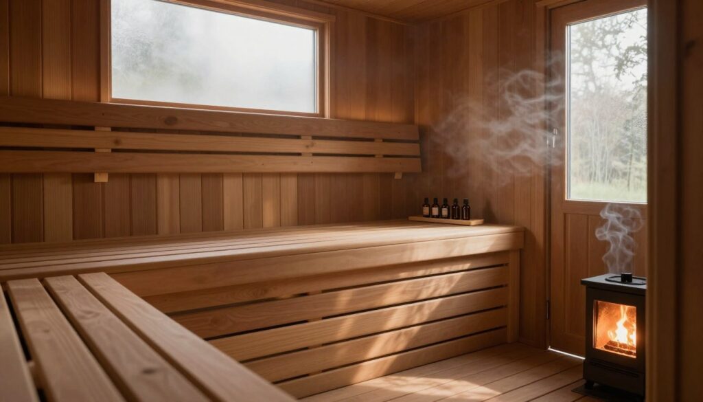 A serene and inviting sauna sucha, showcasing wooden benches with a warm, rich texture. In the foreground, a lit sauna stove emits a gentle glow, casting flickering shadows across the room. The middle section features neatly arranged wooden panels, adorned with aromatic essential oils on a small shelf, enhancing the relaxing atmosphere. In the background, soft, diffused light filters through frosted glass windows, illuminating the tranquil space. Subtle steam can be seen in the air, creating a cozy ambiance, while a calm color palette of natural wood tones and soft beige walls promotes relaxation. The mood is peaceful and soothing, emphasizing the benefits of a dry sauna experience. The perspective is from inside the sauna, looking towards the entryway, inviting viewers to envision their own moment of calm.