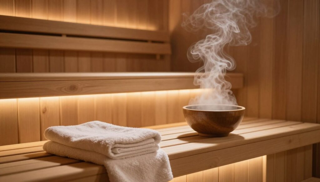 A serene and inviting steam sauna at a wellness spa, showcasing warm wooden benches and soft, glowing ambient lighting. In the foreground, a comfortable towel is draped over a bench, suggesting a welcoming atmosphere. The middle ground features a gently steaming bowl of herbal infusion, releasing aromatic steam into the air, enhancing the sense of relaxation. In the background, there are soft, muted tones of wooden panels and soft-focus steam swirling, creating a tranquil, ethereal mood. The scene should evoke a sense of peace and rejuvenation, ideal for promoting a calming experience in a steam sauna. The lighting should be warm and inviting, capturing the essence of wellness and relaxation. No people or text should be included.