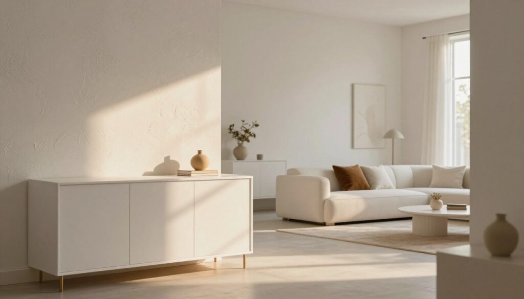 A serene and stylish interior space showcasing bright white furniture complemented by textured wall surfaces. In the foreground, soft golden light streams in through a large window, casting gentle shadows and highlighting the varied textures of the walls, which feature a mix of matte paint and subtle, embossed patterns. The middle ground includes a modern living area with a cozy sofa and decorative accents that reflect warmth, creating an inviting atmosphere. In the background, a stylish minimalistic art piece adds depth without overwhelming the composition. Use a warm color palette that enhances the brightness of the white furniture while avoiding a sterile look. Capture this scene with a slightly angled perspective to emphasize the interplay of light and texture, fostering a sense of tranquility and sophistication.