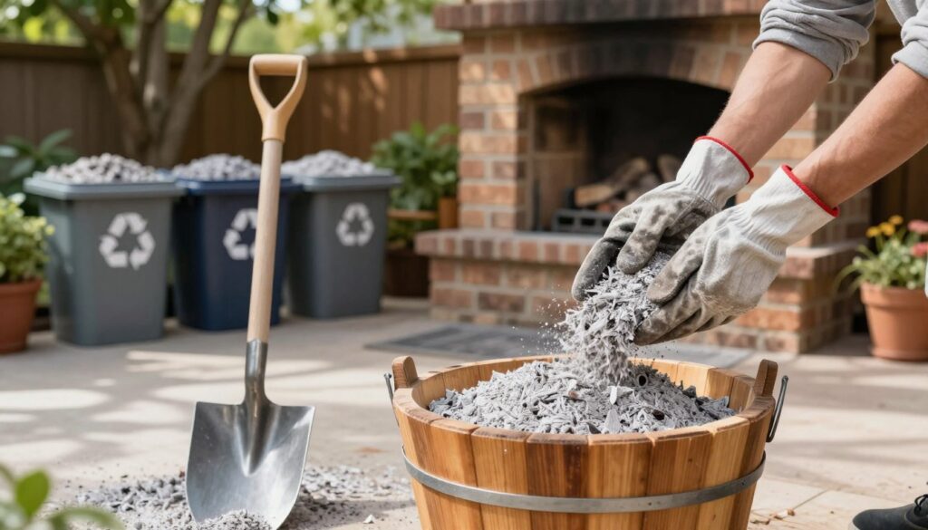 A serene backyard scene depicting a safe and controlled process of cooling and disposing of fireplace ash. In the foreground, a rustic wooden bucket filled with fine, light gray ash sits next to a sturdy metal shovel. A pair of gloved hands, clad in modest, protective work gloves, carefully sifts through the ash, ensuring no embers remain. The middle ground features a well-organized recycling area with labeled bins for ash, complemented by a backdrop of a cozy, brick-built fireplace. Soft, natural lighting filters through leafy trees, casting gentle shadows. The atmosphere conveys careful attention to safety and environmental responsibility, with a warm, inviting feel that encourages a sense of community and care.