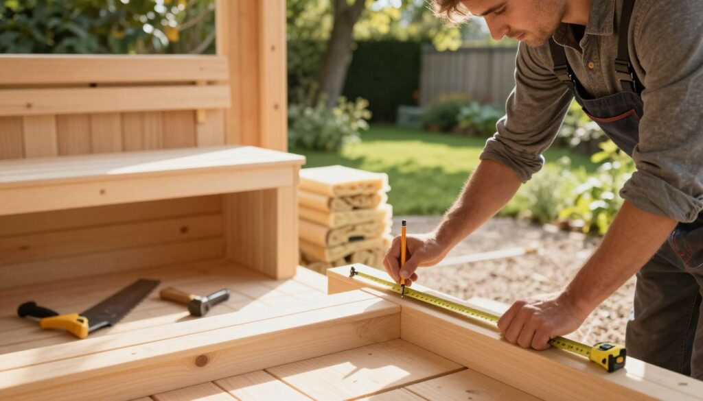 A serene construction scene depicting the step-by-step building of a sauna. In the foreground, a skilled craftsman in modest work attire measures wooden beams, using a tape measure and pencil, showcasing precision. In the middle, a partially constructed wooden sauna frame is visible, with stacks of insulation materials and tools like a saw and hammer nearby. The background features a lush green garden, adding a peaceful, natural ambiance. Soft, warm sunlight filters through the trees, creating gentle shadows that enhance the scene's tranquility. The image is shot from a slightly elevated angle, emphasizing the craftsmanship involved in sauna construction, with a focus on the textures of the wood and materials used. The overall mood is inviting and encouraging, illustrating a productive and hands-on atmosphere.
