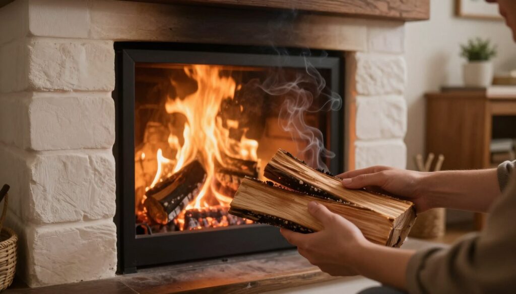 A serene fireplace scene, showcasing a skilled individual methodically adding hardwood logs to a crackling fire, with minimal smoke rising. The foreground features the person's hands artfully placing the logs, emphasizing technique and precision. In the middle, the well-maintained fireplace is illuminated by warm, soft lighting casting an inviting glow. The background shows a cozy living room adorned with rustic decor, faint details of furniture blending into the ambiance. The atmosphere is warm and inviting, suggesting comfort and relaxation, ideal for enjoying a fire. The composition captures an angle that highlights the interaction with the fire, while maintaining a clean and smoke-free environment.