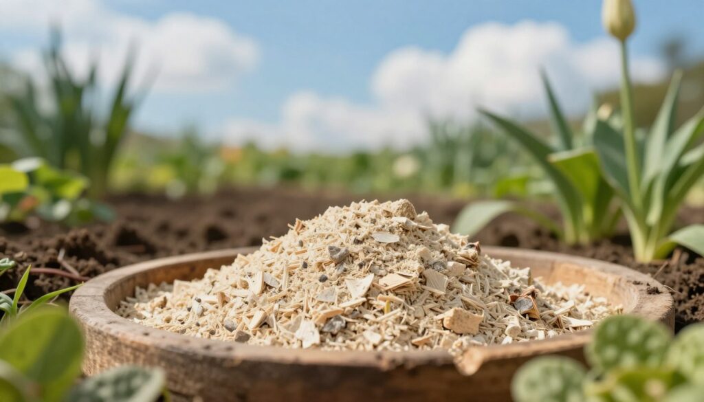A serene garden scene showcasing a pile of fine, light-colored wood ash, known as popiół drzewny, thoughtfully placed in a rustic wooden container. In the foreground, the ash is surrounded by vibrant green plants and soft earth, hinting at its ecological benefits for gardening. The middle ground features a small patch of freshly cultivated soil, indicating where the ash may be used as fertilizer. In the background, a gentle blue sky is visible, with fluffy white clouds drifting by, enhancing the tranquil atmosphere. Soft, natural lighting bathes the scene, creating a warm and inviting mood. The angle captures the composition from a slightly elevated perspective, providing a clear view of both the ash and the flourishing garden.