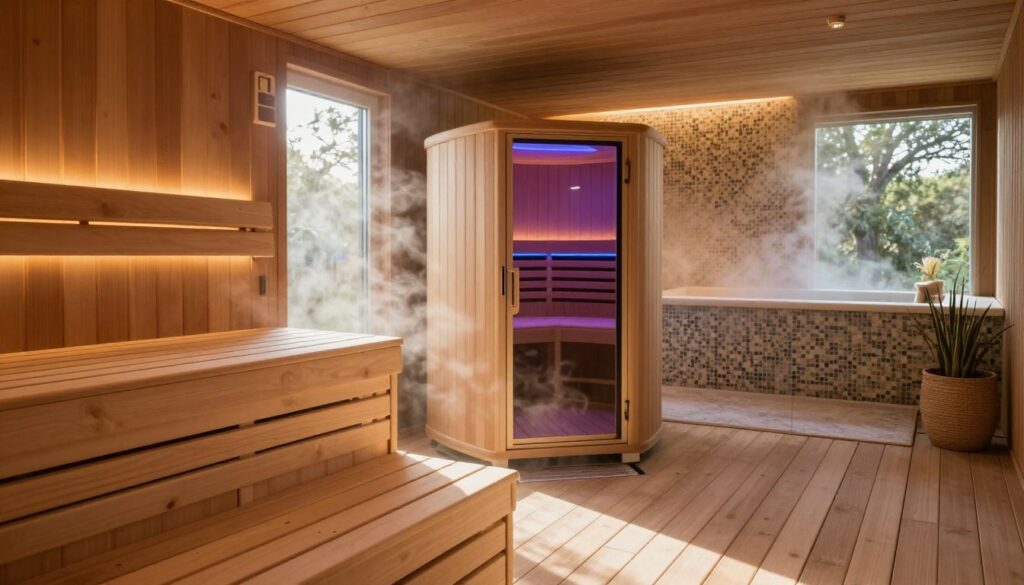 A serene indoor relaxation space featuring different types of saunas to illustrate their unique characteristics. In the foreground, a traditional Finnish sauna with warm wooden benches and a steam-filled atmosphere. In the middle ground, a modern infrared sauna with sleek lines and ambient LED lighting, highlighting its contemporary design. In the background, a steam room adorned with mosaic tiles and soft, diffused lighting, creating an inviting ambience. Natural light filters in through large windows, casting a gentle glow over the entire scene. The atmosphere is tranquil and rejuvenating, evoking a sense of calm and wellness, perfect for illustrating the benefits of sauna experiences.