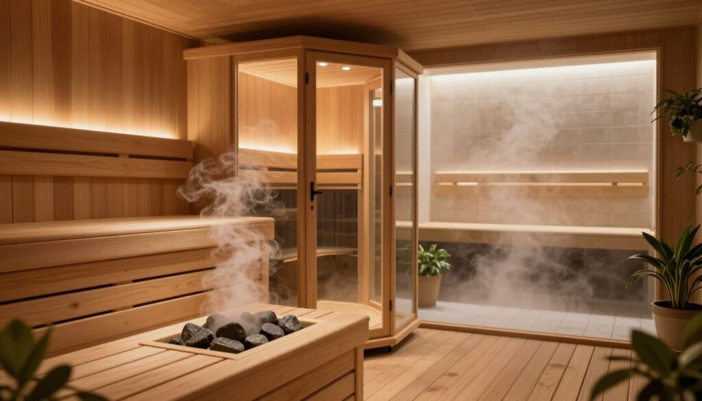 A serene indoor sauna environment showcasing various types of saunas, emphasizing their distinct features and benefits. In the foreground, a traditional wooden sauna with warm, inviting tones, steam rising softly from the heated stones. In the middle, a modern infra-red sauna with sleek glass panels, illuminated with gentle, soft lighting, creating a peaceful ambiance. In the background, a steam room with tiled walls, emanating a dense mist, contributing to a calming atmosphere. Please include subtle greenery, like potted plants, to enhance the sense of relaxation. The overall mood should be tranquil and rejuvenating, capturing the essence of wellness and the impact of different sauna types on the body. Use a wide-angle lens to emphasize the spaciousness and warmth of the setting, with soft focus for a soothing effect.