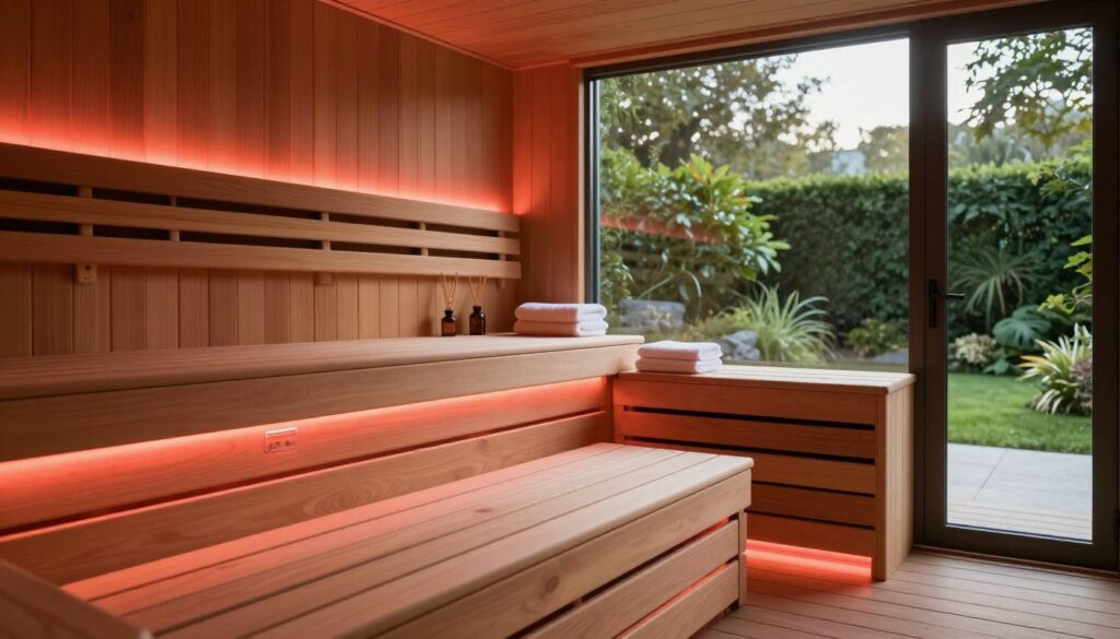 A serene infrared sauna interior designed for relaxation. In the foreground, a modern sauna bench made of warm wood, softly illuminated by gentle, reddish light emanating from infrared panels incorporated into the walls. In the middle ground, the sauna is sparsely decorated with essential oil diffusers and neatly stacked towels, creating an inviting atmosphere. The background features large, frosted glass windows allowing glimpses of a peaceful outdoor garden with lush greenery. The lighting is warm and ambient, creating a cozy and tranquil mood. The angle of the shot is slightly elevated to capture the entire interior space, emphasizing the soothing environment ideal for rejuvenation. The overall vibe is calming, with a focus on the wellness aspect of infrared saunas.