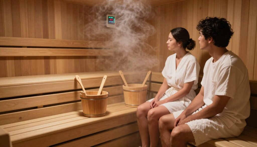 A serene interior of a public sauna, emphasizing hygiene and safety practices. In the foreground, a group of three individuals in modest casual clothing, discussing sauna etiquette while sitting on wooden benches. The mood is calm and inviting, with soft, warm lighting that highlights the natural wood textures and the steam gently rising in the air. In the middle ground, wooden ladles and buckets for water are neatly arranged, showcasing proper sauna tools. The background features a tiled wall with a digital thermometer displaying a safe temperature range for sauna use. The entire scene should convey tranquility, highlighting the importance of cleanliness and safety in a public sauna environment. A serene interior of a public sauna, emphasizing hygiene and safety practices. In the foreground, a group of three individuals in modest casual clothing, discussing sauna etiquette while sitting on wooden benches. The mood is calm and inviting, with soft, warm lighting that highlights the natural wood textures and the steam gently rising in the air. In the middle ground, wooden ladles and buckets for water are neatly arranged, showcasing proper sauna tools. The background features a tiled wall with a digital thermometer displaying a safe temperature range for sauna use. The entire scene should convey tranquility, highlighting the importance of cleanliness and safety in a public sauna environment.