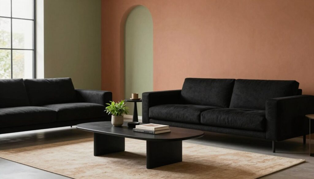 A serene interior scene showcasing a beautifully designed living room with earthy wall colors like warm terracotta, soft olive green, and muted sand tones. The foreground features stylish black furniture, including a sleek sofa and a modern coffee table with subtle decorative elements like a small potted plant and elegant books. In the middle ground, a tasteful area rug enhances the aesthetic without overpowering the space. The background includes large windows letting in natural light, casting gentle shadows that create a cozy atmosphere. Soft, diffuse lighting enhances the calming ambiance, while a shallow depth of field emphasizes the inviting texture of the walls and furniture arrangement. The overall mood is tranquil and harmonious, perfect for showcasing the beauty of earth tones alongside black furnishings.