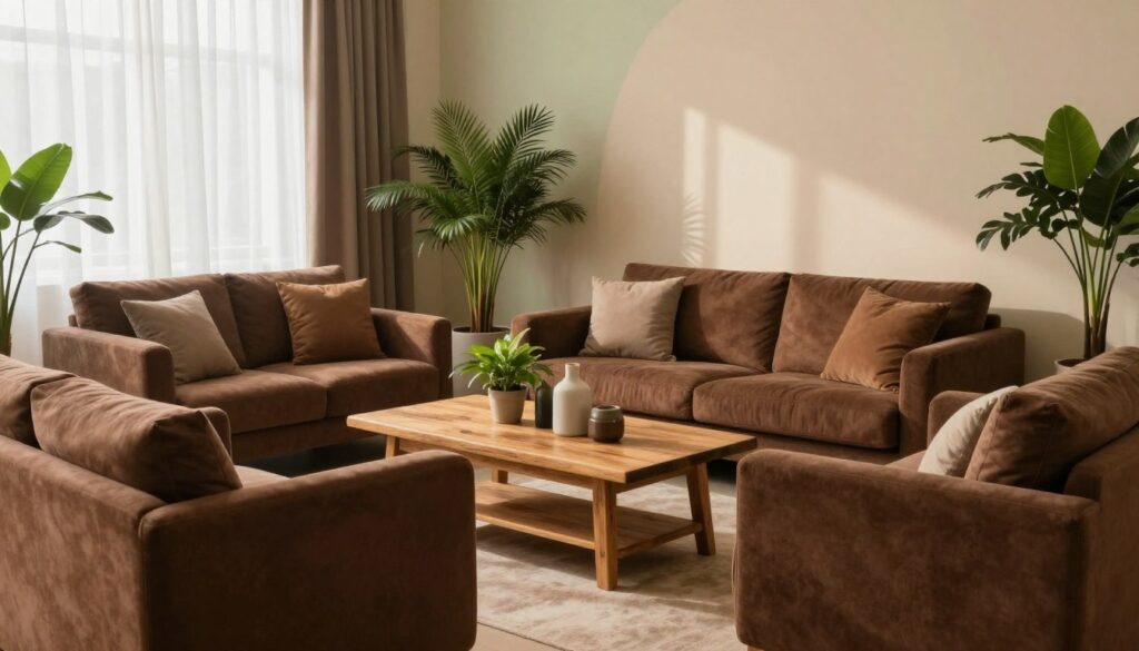 A serene interior scene showcasing the psychology of colors in harmony with brown furniture. In the foreground, a cozy seating area with plush brown sofas adorned with soft, earth-toned cushions. The middle ground features a wooden coffee table with a rustic finish surrounded by greenery, such as potted plants and decorative vases. The background includes warm walls painted in complementary shades like beige and soft green, harmonizing the atmosphere. Natural light filters through sheer curtains, casting gentle shadows and creating a tranquil ambiance. Capture a wide-angle view to emphasize depth, focusing on the textures of the furniture and materials. The overall mood conveys comfort and balance, illustrating how color choices enhance the elegance of brown furniture in interior design.