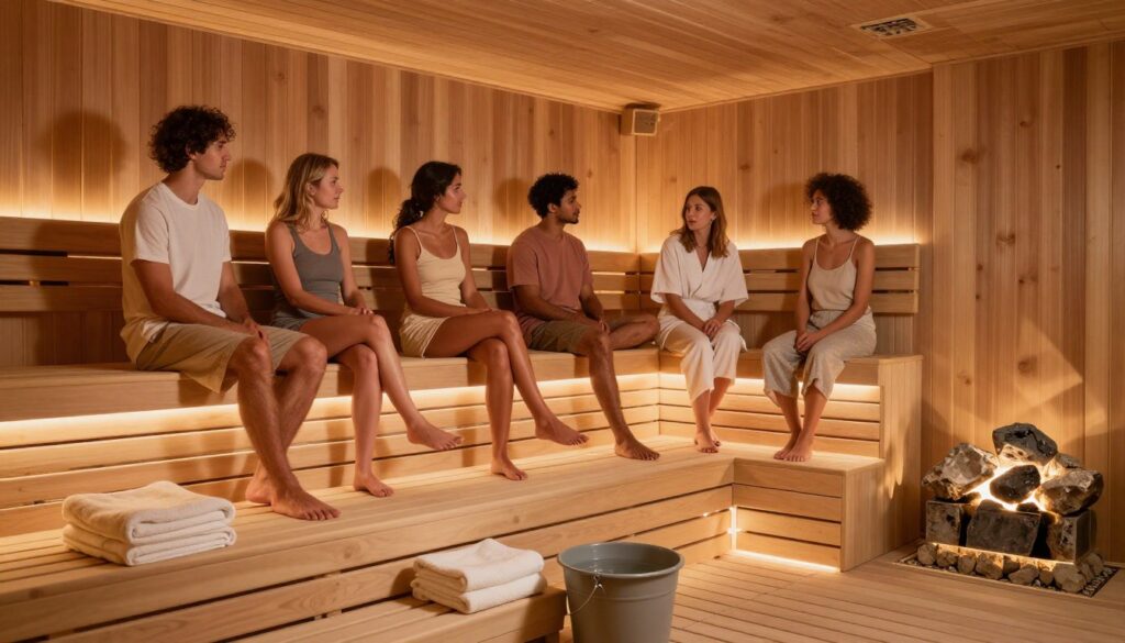 A serene, peaceful sauna environment showcasing the principles of safe sauna usage. In the foreground, a wooden sauna bench with neatly folded towels and a small bucket of water next to it. In the middle ground, a diverse group of individuals dressed in modest casual clothing, engaged in relaxed conversation and enjoying the sauna's warmth. They are seated at a safe distance from one another, embodying the concept of safety and comfort. The background features soft, warm lighting that highlights the smooth wooden walls and glowing rocks in the heater, casting gentle shadows that enhance the tranquil atmosphere. The overall mood is calm, inviting, and educational, perfect for illustrating safe sauna practices.