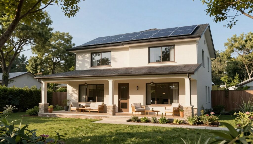 A serene residential setting showcasing a cozy private home surrounded by green trees and a well-maintained garden. In the foreground, a neatly arranged porch with designer furniture invites relaxation. The middle ground presents the house itself, featuring energy-efficient windows and solar panels on the roof, symbolizing an environmentally friendly lifestyle. The background fades into a clear blue sky, enhancing the peaceful atmosphere. Soft, natural sunlight streams in, casting gentle shadows that create a warm and inviting mood. The composition captures the essence of personal space without the need for energy performance documentation, highlighting the tranquility of private property usage. No people are present, ensuring a focus on the home and its surroundings. A serene residential setting showcasing a cozy private home surrounded by green trees and a well-maintained garden. In the foreground, a neatly arranged porch with designer furniture invites relaxation. The middle ground presents the house itself, featuring energy-efficient windows and solar panels on the roof, symbolizing an environmentally friendly lifestyle. The background fades into a clear blue sky, enhancing the peaceful atmosphere. Soft, natural sunlight streams in, casting gentle shadows that create a warm and inviting mood. The composition captures the essence of personal space without the need for energy performance documentation, highlighting the tranquility of private property usage. No people are present, ensuring a focus on the home and its surroundings.