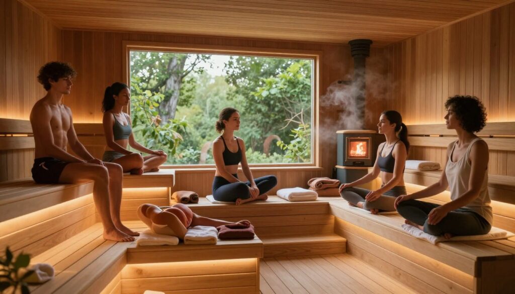 A serene sauna interior designed for athletes, featuring warm wooden benches and soft, glowing ambient lighting that creates a soothing atmosphere. In the foreground, a diverse group of athletes in modest, casual clothing, engaging in relaxation techniques, such as meditative poses or gentle stretching, visually demonstrating the restorative power of sauna therapy. The mid-ground displays a large window showcasing lush green trees outside, allowing natural light to filter in. In the background, a traditional sauna stove radiates heat, with steam gently wafting through the air. The scene captures a tranquil and rejuvenating mood, emphasizing the connection between sauna use and physical recovery after exercise.