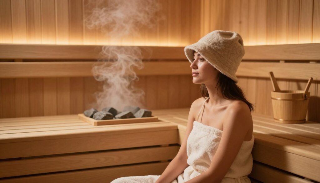 A serene sauna interior featuring a person sitting comfortably on a wooden bench, wearing a traditional sauna hat made of natural materials like felt or cotton. The foreground shows the individual, clad in modest, comfortable attire, enjoying the warmth and tranquility of the sauna. Soft, golden light filters through the wooden slats, creating a warm, inviting atmosphere. The middle ground highlights the sauna's wooden walls and steaming hot stones, enhancing the feeling of relaxation and health benefits. In the background, gentle steam rises, blending with a few wooden accessories like a bucket and ladle. The mood is peaceful and rejuvenating, emphasizing the importance of head protection and comfort while enjoying the sauna experience.