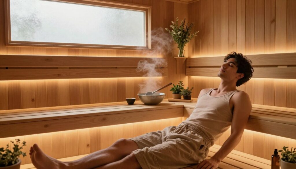 A serene sauna interior, featuring warm wooden benches and glowing soft lighting that creates a calming atmosphere. In the foreground, a relaxed individual wearing modest casual clothing enjoys the sauna, displaying a peaceful expression, eyes closed, and body slightly reclined. In the middle, the wooden walls are adorned with fresh herbs for aromatherapy, and a small bowl of water is placed beside a ladle on a wide bench, indicating the steam rising gently. The background features a frosted glass window allowing soft natural light to filter in, enhancing the therapeutic setting. The overall mood should evoke a sense of tranquility and wellness, emphasizing relaxation and the health benefits of sauna use.