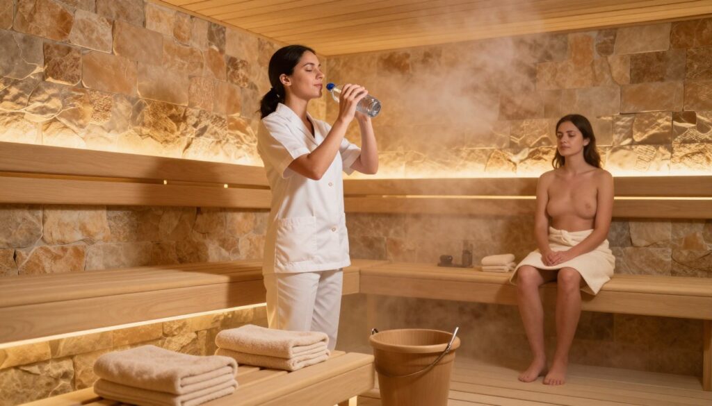 A serene sauna interior highlighting proper etiquette and safety rules. In the foreground, a wooden bench with neatly arranged, modest towels and a water bucket. The middle ground features two individuals, one demonstrating hydration with a water bottle in a professional outfit, while the other sits calmly, emphasizing relaxation and mindfulness without exposure. The background reveals stone walls with a gentle steam rising and soft lighting creating a warm, inviting atmosphere. The image captures an essence of tranquility and respect for sauna customs, with soft golden hues illuminating the space, encouraging a sense of safety and wellness.