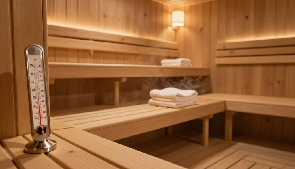 A serene sauna interior, showcasing a warm wooden environment bathed in soft golden light. In the foreground, a metallic thermometer displaying a high temperature to emphasize heat, while in the middle ground, a traditional wooden sauna bench with a few neatly folded towels. In the background, the walls adorned with natural wooden slats and gentle steam rising, creating a sense of humidity. The atmosphere feels cozy yet slightly oppressive, reflecting the idea of high temperatures being a concern during illness. The lighting should be warm and inviting, captured from a slightly elevated angle to give a comprehensive view of the sauna's ambiance without any human subjects present, ensuring an open and professional depiction. A serene sauna interior, showcasing a warm wooden environment bathed in soft golden light. In the foreground, a metallic thermometer displaying a high temperature to emphasize heat, while in the middle ground, a traditional wooden sauna bench with a few neatly folded towels. In the background, the walls adorned with natural wooden slats and gentle steam rising, creating a sense of humidity. The atmosphere feels cozy yet slightly oppressive, reflecting the idea of high temperatures being a concern during illness. The lighting should be warm and inviting, captured from a slightly elevated angle to give a comprehensive view of the sauna's ambiance without any human subjects present, ensuring an open and professional depiction.