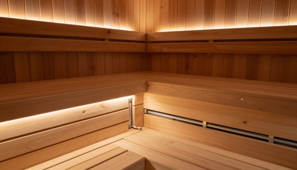 A serene sauna interior showcasing professionally installed lighting. In the foreground, there are stylish LED lights embedded in cedar wood walls, casting a warm, inviting glow. The warm tones create a cozy ambiance ideal for relaxation. In the middle ground, view clear perspectives of electrical conduits neatly and safely routed along the wall, adhering to safety standards. The background features traditional sauna benches made from rich timber, enhancing the rustic charm. The scene is illuminated with soft, ambient lighting, creating a calming atmosphere. The angle is slightly from above, offering a comprehensive view of the lighting installation while emphasizing safety and aesthetics in home sauna design. A serene sauna interior showcasing professionally installed lighting. In the foreground, there are stylish LED lights embedded in cedar wood walls, casting a warm, inviting glow. The warm tones create a cozy ambiance ideal for relaxation. In the middle ground, view clear perspectives of electrical conduits neatly and safely routed along the wall, adhering to safety standards. The background features traditional sauna benches made from rich timber, enhancing the rustic charm. The scene is illuminated with soft, ambient lighting, creating a calming atmosphere. The angle is slightly from above, offering a comprehensive view of the lighting installation while emphasizing safety and aesthetics in home sauna design.