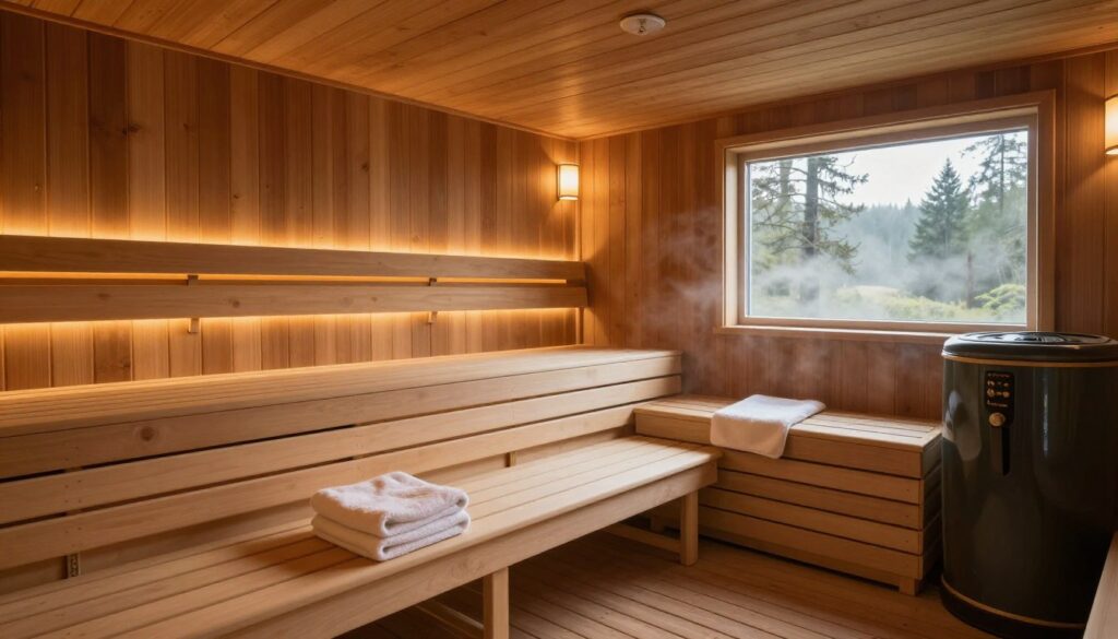 A serene sauna interior, showcasing various types of saunas, such as Finnish, infrared, and steam, arranged harmoniously. In the foreground, include a wooden sauna bench with plush towels neatly folded. The middle ground features glowing, warm lighting emanating from soft overhead fixtures, illuminating the rich, textured wooden walls. In the background, a window with misted glass reveals a tranquil forest landscape, hinting at nature's calming influence. The atmosphere is peaceful and inviting, evoking relaxation and well-being. Capture the scene from a slightly elevated angle, offering a comprehensive view of the sauna while maintaining a cozy feel. Soft shadows play across surfaces, enhancing the warmth and comfort of the environment, inviting the viewer to envision a moment of relaxation in this rejuvenating space. A serene sauna interior, showcasing various types of saunas, such as Finnish, infrared, and steam, arranged harmoniously. In the foreground, include a wooden sauna bench with plush towels neatly folded. The middle ground features glowing, warm lighting emanating from soft overhead fixtures, illuminating the rich, textured wooden walls. In the background, a window with misted glass reveals a tranquil forest landscape, hinting at nature's calming influence. The atmosphere is peaceful and inviting, evoking relaxation and well-being. Capture the scene from a slightly elevated angle, offering a comprehensive view of the sauna while maintaining a cozy feel. Soft shadows play across surfaces, enhancing the warmth and comfort of the environment, inviting the viewer to envision a moment of relaxation in this rejuvenating space.