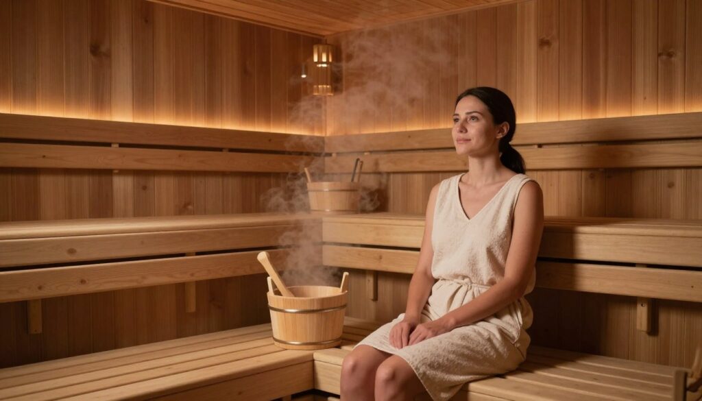 A serene sauna setting, featuring a wooden sauna interior with smooth, warm-toned cedar planks and a soft glow from subtle ambient lighting. In the foreground, a woman in modest, casual clothing sits peacefully on a bench, enjoying the steam and warmth, her expression calm and relaxed. The middle of the image highlights a wooden bucket and ladle beside her, evoking the traditional sauna experience. In the background, soft silhouettes of other benches and gently rising steam create a tranquil atmosphere. The overall lighting is warm and inviting, emphasizing the soothing, health-promoting essence of the sauna. The angle captures the entire environment, focusing on harmony and wellness.