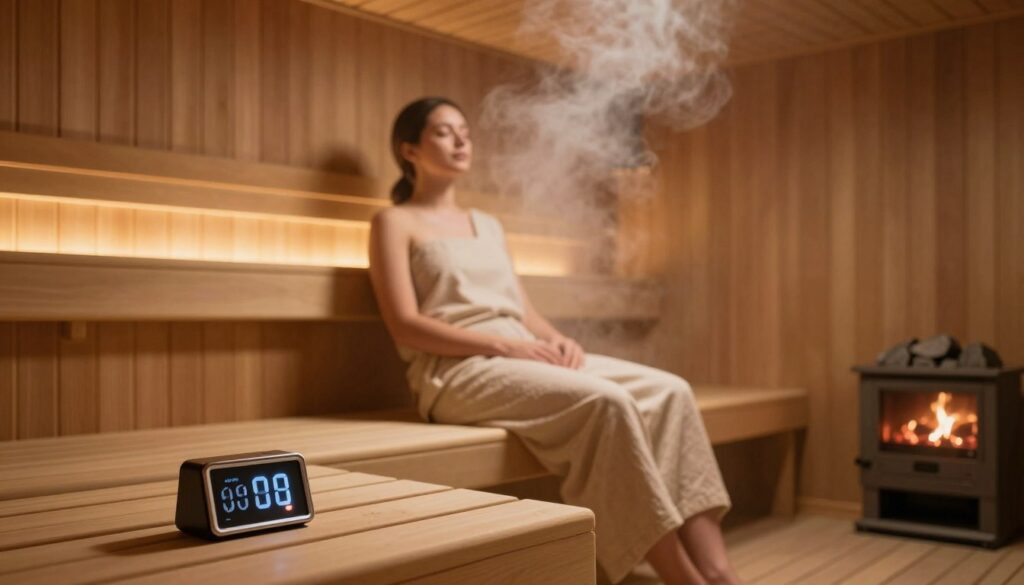 A serene sauna setting with gentle steam rising in the air, illuminated by soft, warm lighting that creates a calming atmosphere. In the foreground, a timer sitting on a wooden bench indicates a session duration. In the middle ground, a person dressed in modest, comfortable clothing sits calmly on the bench, eyes closed, enjoying the heat and tranquility. Their relaxed posture conveys the essence of a rejuvenating experience. In the background, wooden planks line the walls, and a traditional sauna stove with glowing stones adds to the ambiance. The overall scene should evoke a sense of relaxation and well-being, suggesting a safe and healthy sauna session. The perspective should capture the entire room, creating an inviting space that emphasizes balance and tranquility. A serene sauna setting with gentle steam rising in the air, illuminated by soft, warm lighting that creates a calming atmosphere. In the foreground, a timer sitting on a wooden bench indicates a session duration. In the middle ground, a person dressed in modest, comfortable clothing sits calmly on the bench, eyes closed, enjoying the heat and tranquility. Their relaxed posture conveys the essence of a rejuvenating experience. In the background, wooden planks line the walls, and a traditional sauna stove with glowing stones adds to the ambiance. The overall scene should evoke a sense of relaxation and well-being, suggesting a safe and healthy sauna session. The perspective should capture the entire room, creating an inviting space that emphasizes balance and tranquility.