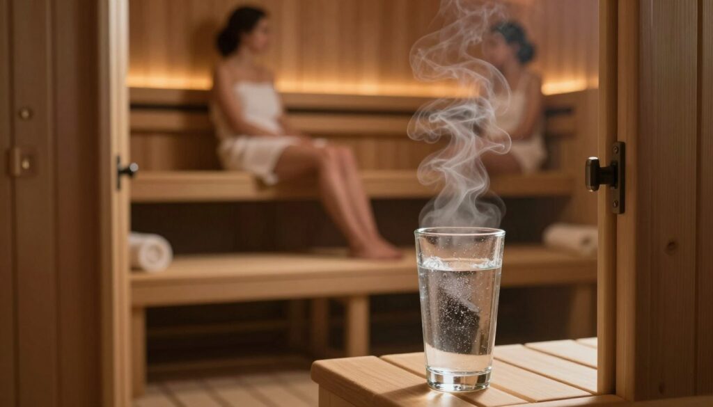 A serene spa environment that illustrates the concept of dehydration and circulatory issues. In the foreground, display a glass of water with condensation, symbolizing hydration, next to a sauna room door slightly ajar, emanating warm steam. The middle section features a dimly lit sauna with wooden benches and soft, ambient lighting, capturing a tranquil atmosphere. In the background, faint outlines of people engaging in sauna activities, dressed in modest casual clothing, emphasizing relaxation while conveying a subtle sense of unease regarding potential dehydration risks. Use a soft-focus lens effect for a calming yet reflective mood, highlighting the balance between wellness and caution in using a sauna during cold weather. A serene spa environment that illustrates the concept of dehydration and circulatory issues. In the foreground, display a glass of water with condensation, symbolizing hydration, next to a sauna room door slightly ajar, emanating warm steam. The middle section features a dimly lit sauna with wooden benches and soft, ambient lighting, capturing a tranquil atmosphere. In the background, faint outlines of people engaging in sauna activities, dressed in modest casual clothing, emphasizing relaxation while conveying a subtle sense of unease regarding potential dehydration risks. Use a soft-focus lens effect for a calming yet reflective mood, highlighting the balance between wellness and caution in using a sauna during cold weather.